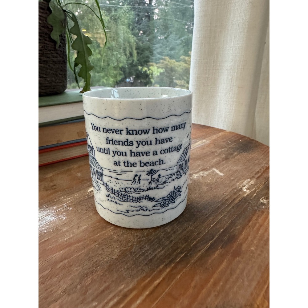 Vintage Speckled Ceramic Beach Cottage Friends Quote Coffee Mug Blue White